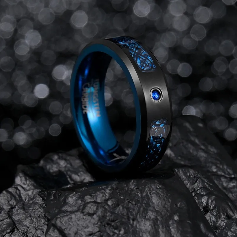 Men's Vintage Tungsten Carbide Celtic Dragon Pattern Ring With Blue Rhinestone Inlay Retro Black Blue Band Ring For Men