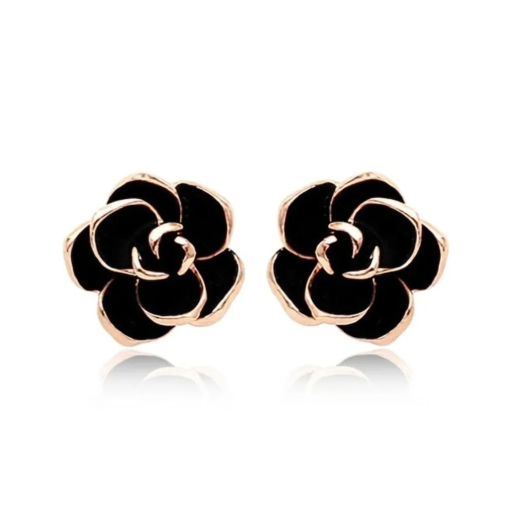 Elegant Rose Enamel Stud Earrings For Women Korean Style Camellia Flower Ear Clips Alloy Jewelry Black White Floral Earrings