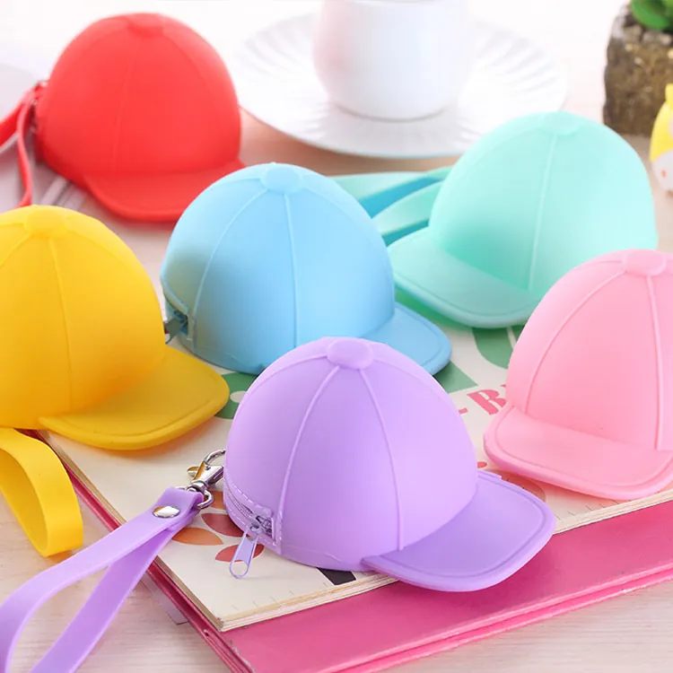 Mini Baseball Cap Shaped Coin Purse Silicone Zippered Key Pouch With Wrist Strap And Metal Hook For Women Girls