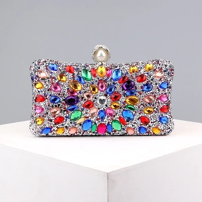 Rhinestone Evening Clutch Bag Crystal Artificial Pearl Buckle Hard Shell Metal Frame Party Wedding Formal Banquet Purse For Women