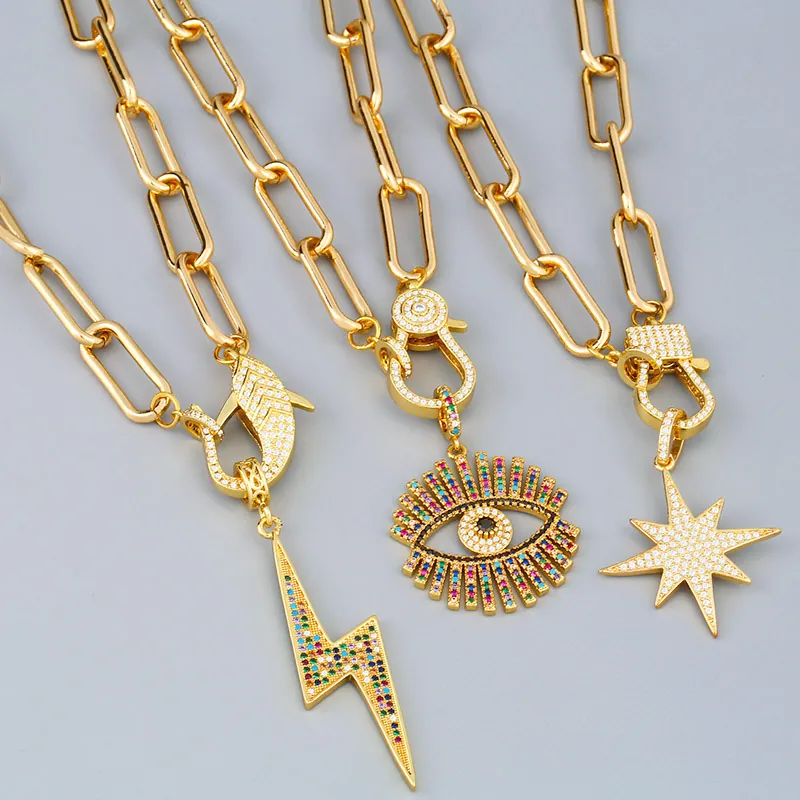 Collier Pendentif Cuivre Plaqué Or 18K Zircon Multicolore Arc-En-Ciel Mauvais Œil Hiphop Chaîne Trombone Bijoux Femme