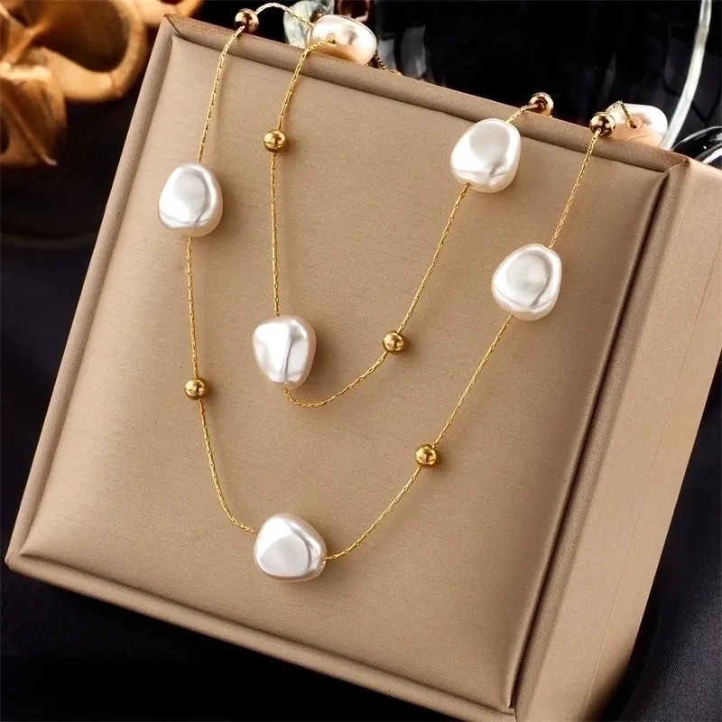 Artificial Baroque Pearl Double Layer Necklace 18K Gold Plated Stainless Steel Asymmetric Retro Jewelry For Women