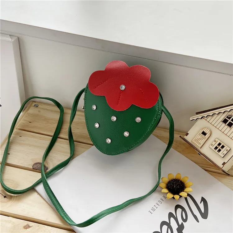Cute Kids Strawberry Shaped Crossbody Bag PU Leather Rhinestone Mini Fruit Shoulder Purse For Toddler Girls