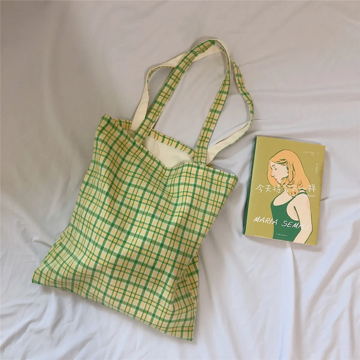 Checkered Plaid Cotton Canvas Tote Bag Large Capacity Shoulder Handbag For Women Artistic Simple Fresh Style