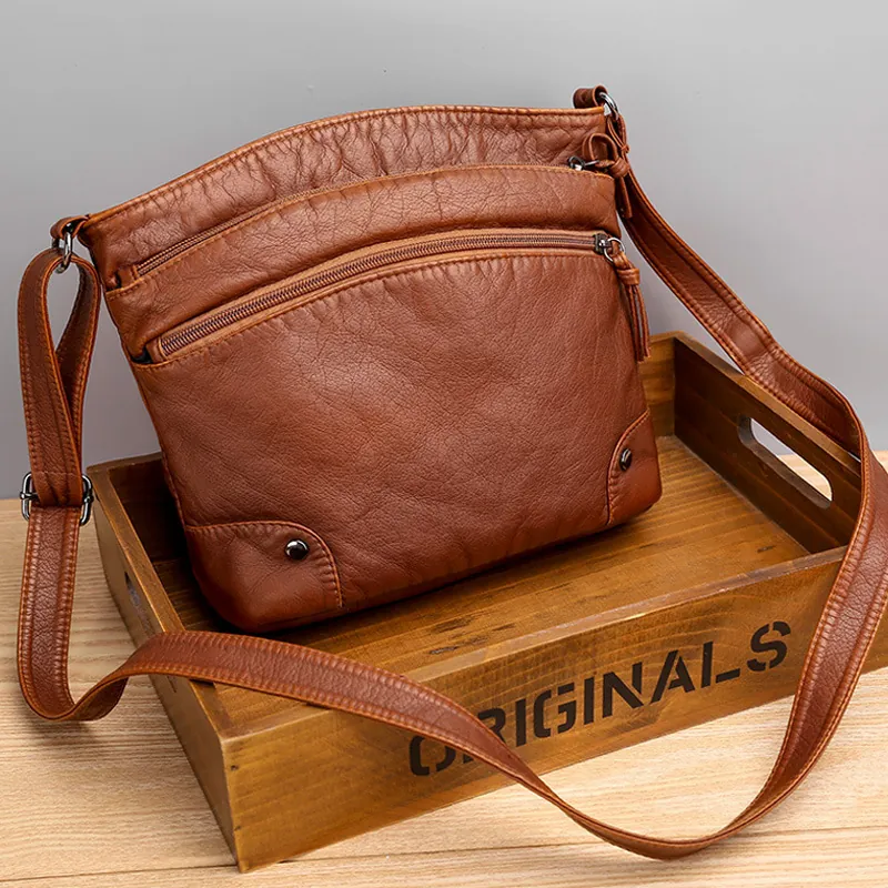 Sac À Épaule En Cuir PU Rétro Pour Femmes Sac Bandoulière À Fermetures Éclair Multiples Avec Rivets Mode Décontractée