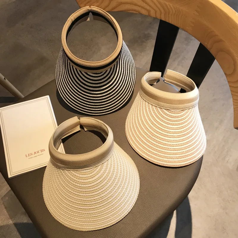 Women Straw Woven Sun Visor Hat Striped Wide Brim UV Protection Summer Beach Open Top Breathable Fashion Accessory