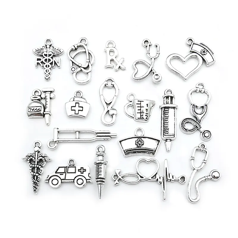 Antique Silver Medical Charms Zinc Alloy Stethoscope Syringe Nurse Hat Pendants For DIY Bracelet Necklace Jewelry Making