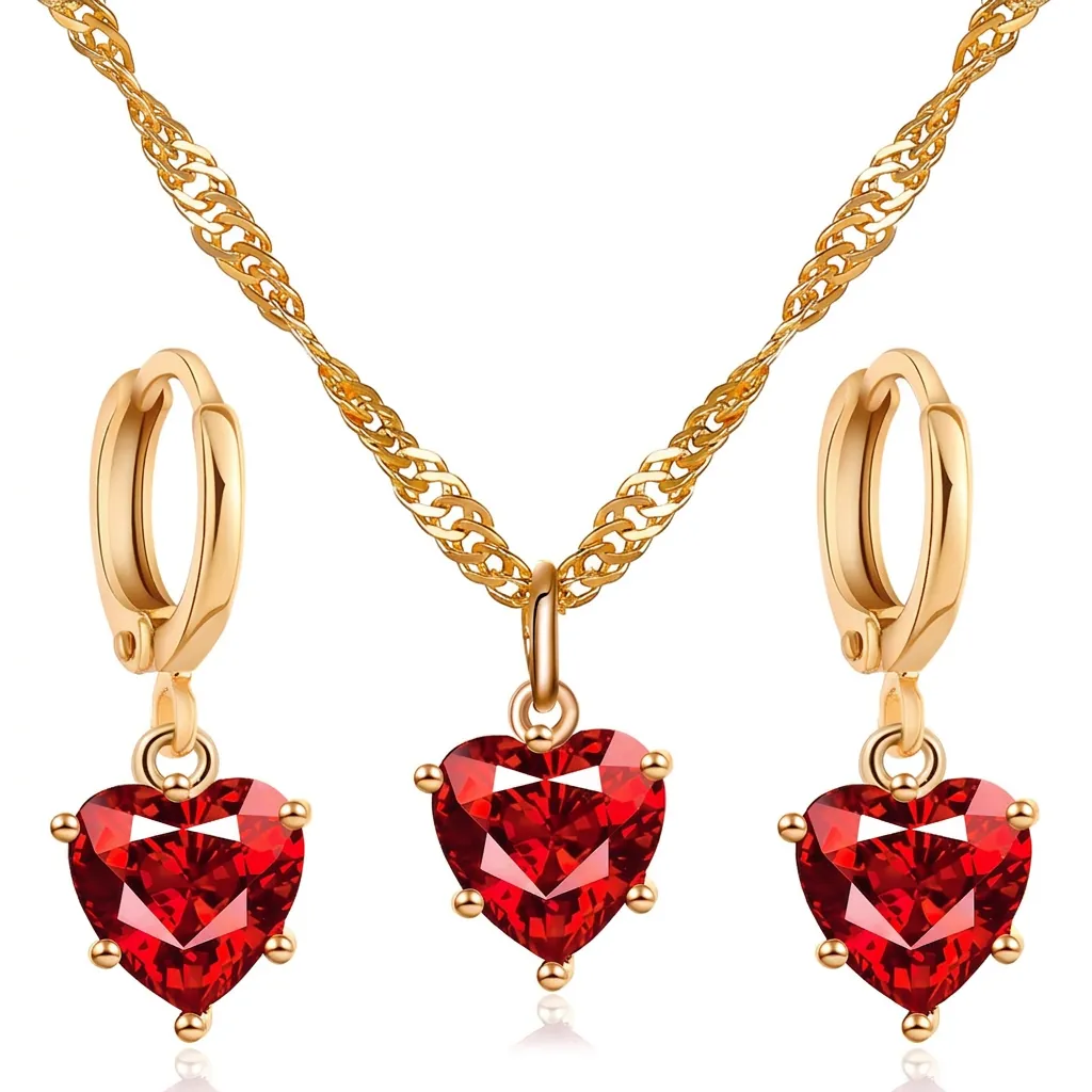 Bijoux En Zircone Coeur Rouge Collier Et Boucles D'oreilles En Cuivre Plaqué Or Accessoires De Mariage Élégants