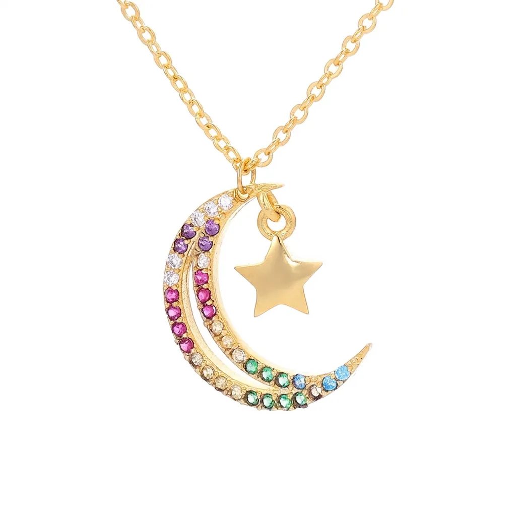 European American Copper Zirconia Moon Star Heart Cupid Arrow Pendant Necklace For Women Gold Silver Rainbow Rhinestone Jewelry