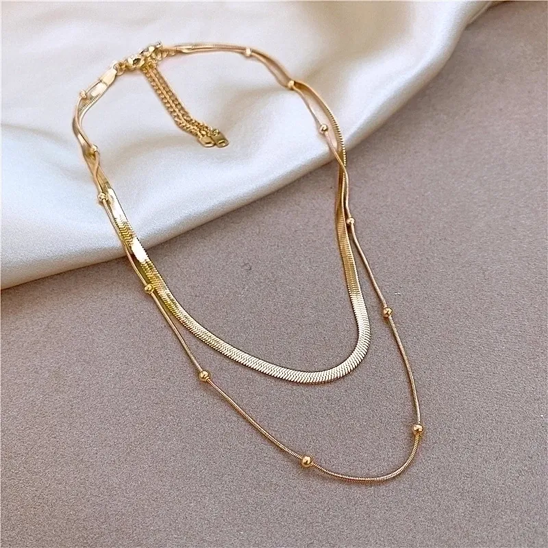 Layered Necklace Titanium Steel Snake Chain Bead Chain Minimalist Gold Plated Jewelry For Women Elegant Style