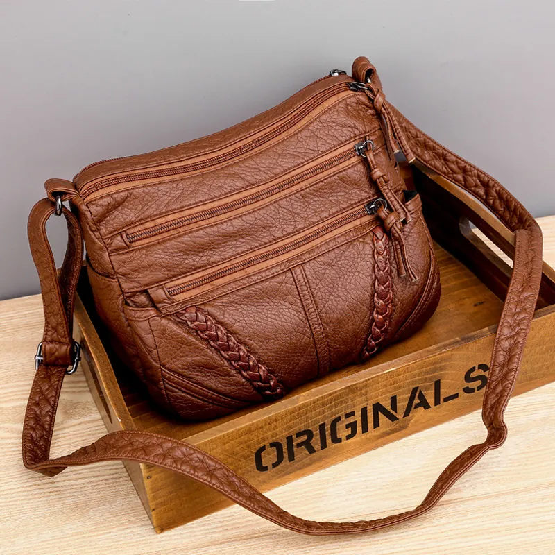 Women Soft PU Leather Crossbody Bag Multi Zipper Pockets Large Capacity Retro Shoulder Bag Simple Casual Versatile Handbag