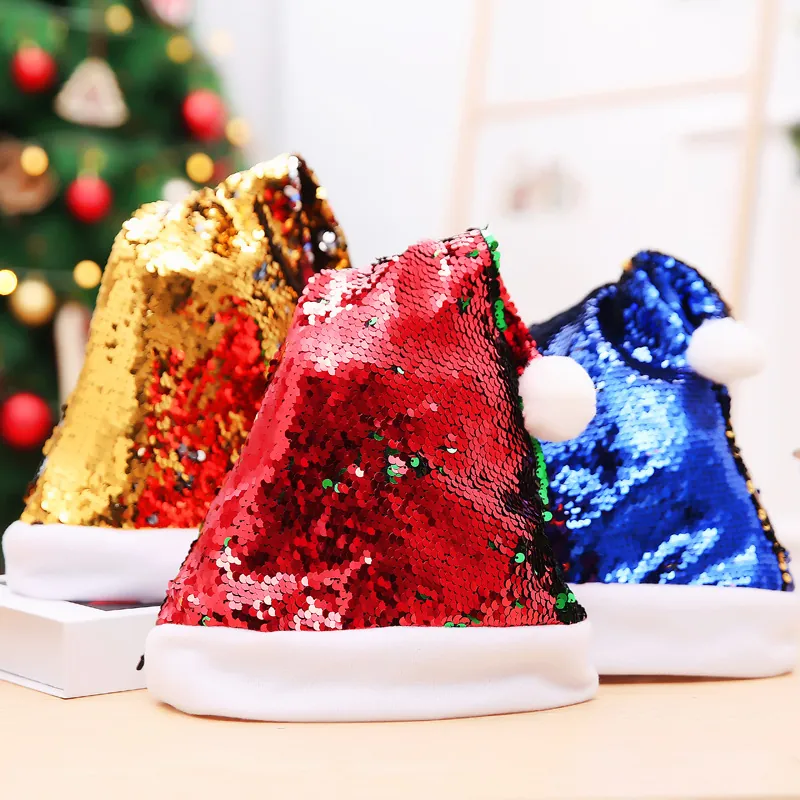 Reversible Sequin Christmas Hat With Plush Trim And Pompom Double Sided Color Changing Holiday Party Accessories