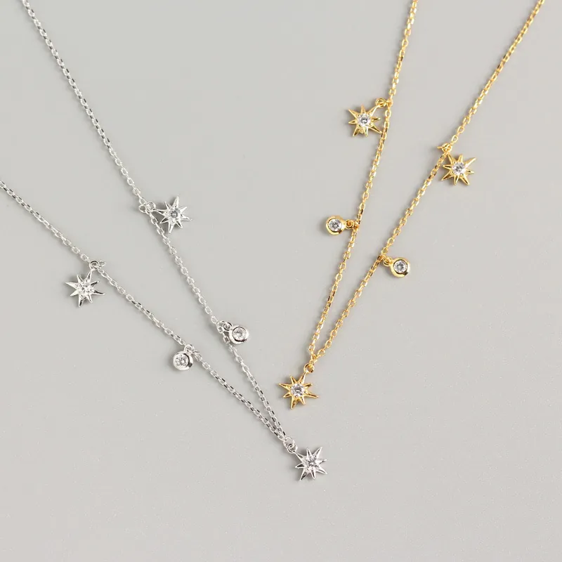 925 Sterling Silver Star Necklace For Women Cubic Zirconia Geometric Dainty Clavicle Fine Chain Minimalist Jewelry