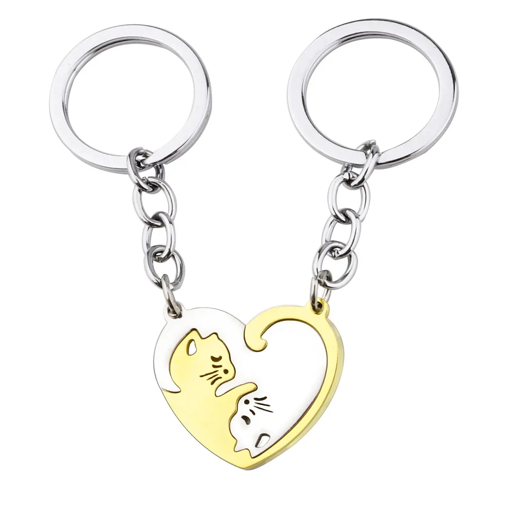 Collar Y Llavero De Rompecabezas De Gato En Forma De Corazón Acero Inoxidable Yin Yang Joyas A Juego Para Parejas Amigos