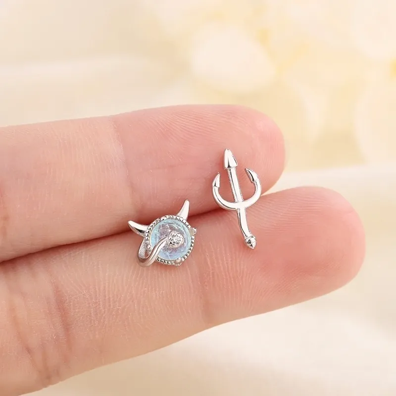 Asymmetric Little Devil Trident Stud Earrings With Copper Alloy Moonstone And Silver Earring Post For Women
