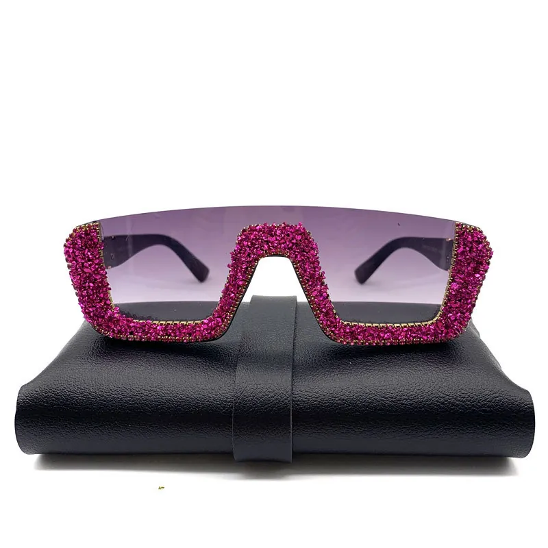 Lunettes de Soleil Oversize Carrées en Strass Femmes Verres Dégradés Violet Rose Lunettes de Mode avec Incrustation Monobloc Protection UV400