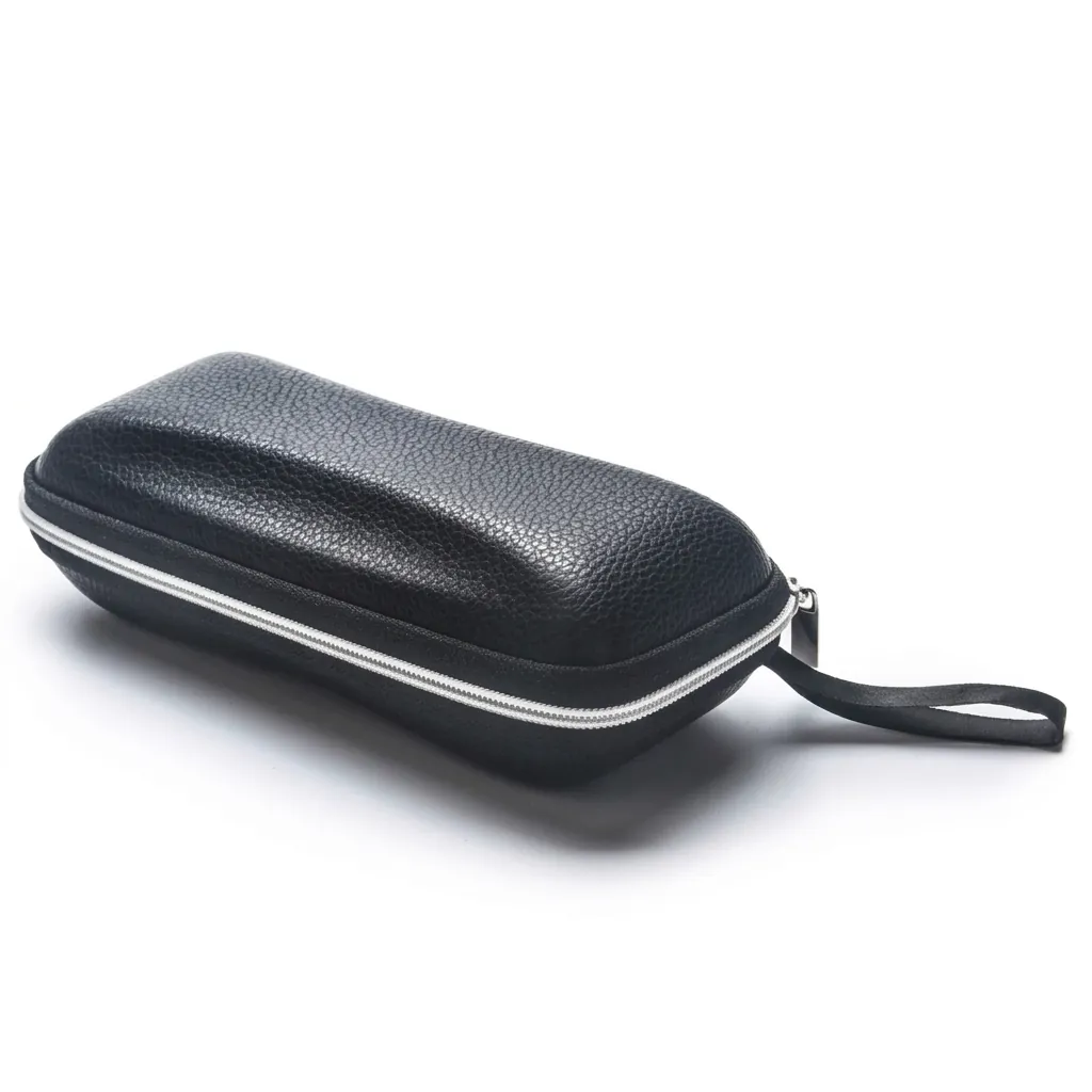 Hard Shell Sunglasses Case Lychee Grain Leather Protective Eyewear Box With Zipper And Portable Lanyard Black