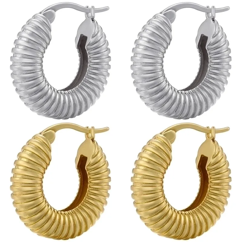 Orecchini A Cerchio Tondi Geometrici Ottone Placcato Oro Testurizzati Con Righe Orizzontali Moda Minimalista Per Donne