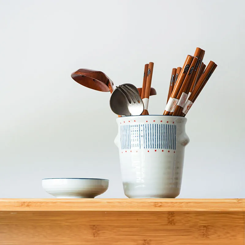 Japanese Style Ceramic Chopsticks Holder Utensil Drainer Hand Painted Underglaze Storage Jar With Base Drainage Holes