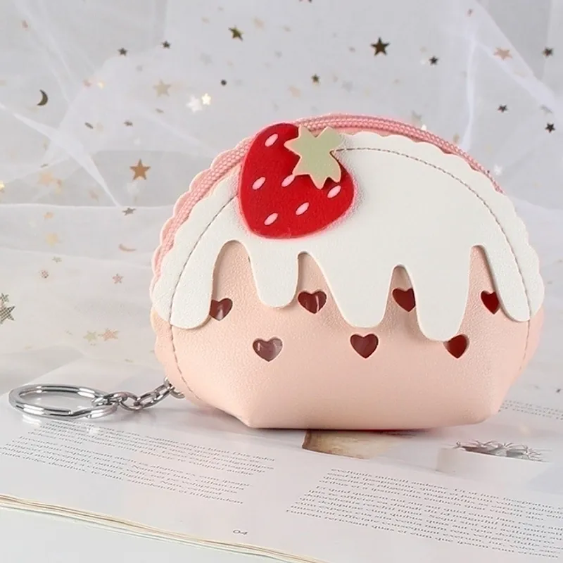 Cute Strawberry Cake Shaped Mini Coin Purse Heart Hollow Out PU Leather Wallet With Keychain For Women And Students