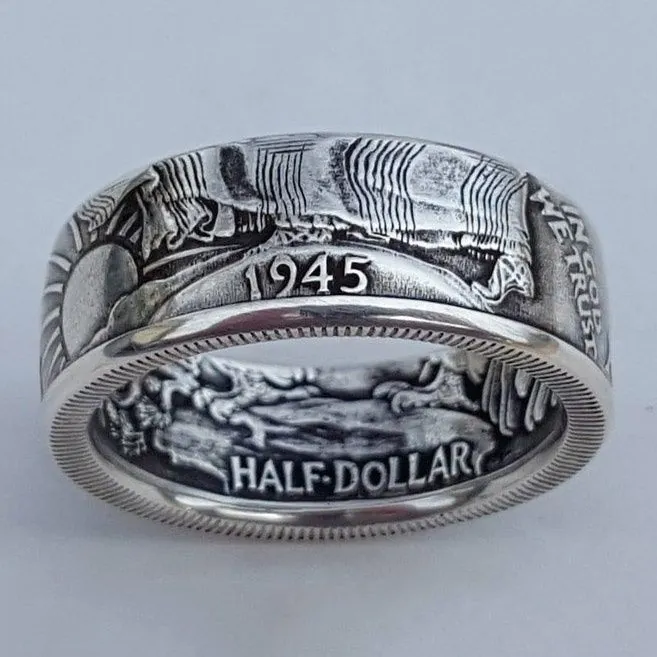 Vintage Alloy Coin Ring Antique 1945 Half Dollar Design Distressed Embossed Retro Punk Style Band For Men Women
