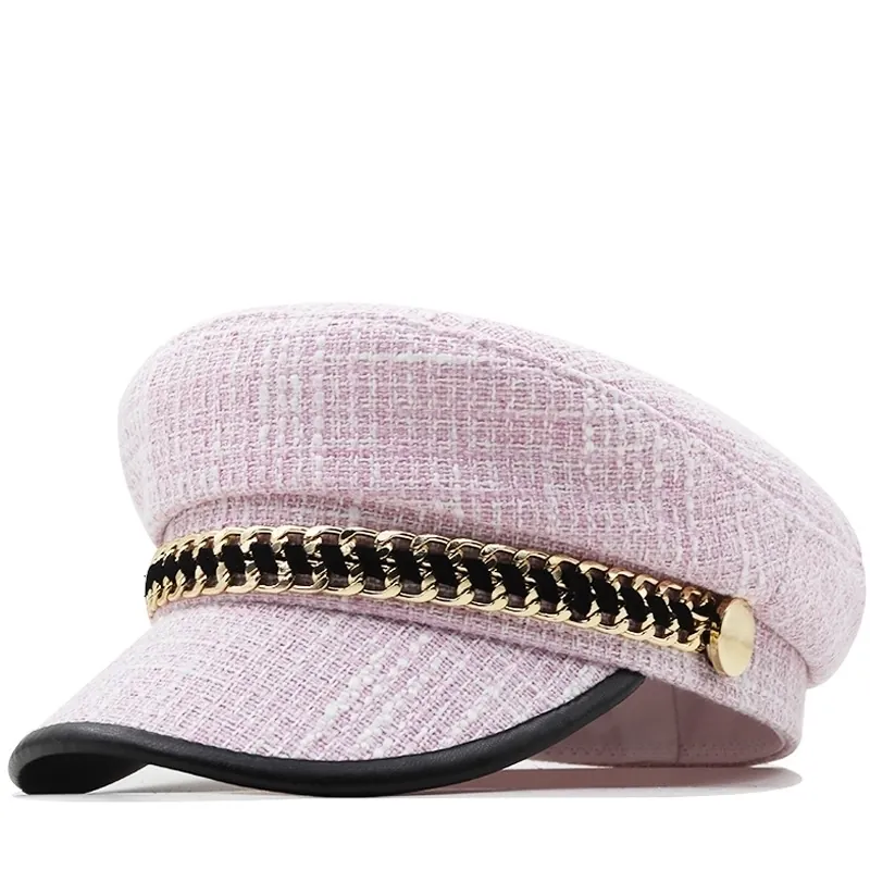 Vintage Tweed Newsboy Cap For Women Chain Decor Flat Top Beret Military Style Woven Cotton Blend Casual Fashion Painter Hat