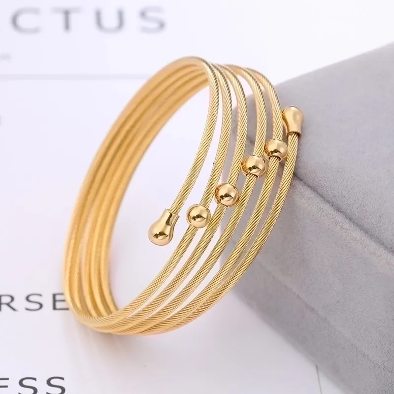 Bracciale A Cavo Intrecciato Multistrato In Acciaio Inossidabile Da Donna Moda Filo Intrecciato Polsino Aperto Rigido A Spirale Con Perle Di Metallo