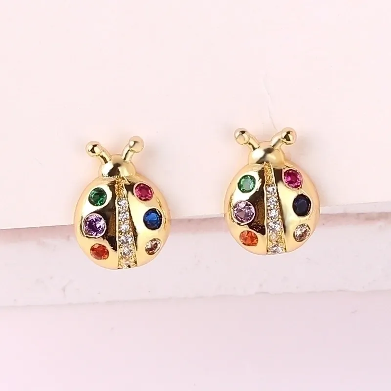 Ladybug Stud Earrings Brass Gold Plated Colorful Cubic Zirconia Insect Fashion Jewelry For Women