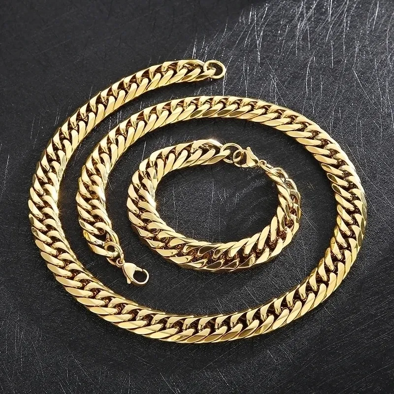 Cuban Link Necklace And Bracelet Stainless Steel Gold Plated Hip Hop Jewelry For Men Women Miami Style Fashion Accessory