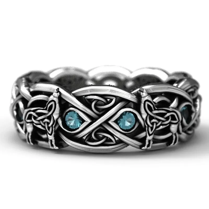 Vintage Wolf Head Ring Alloy With Blue Acrylic Stone Celtic Knot Punk Viking Jewelry For Men Retro Silver Finish Totem