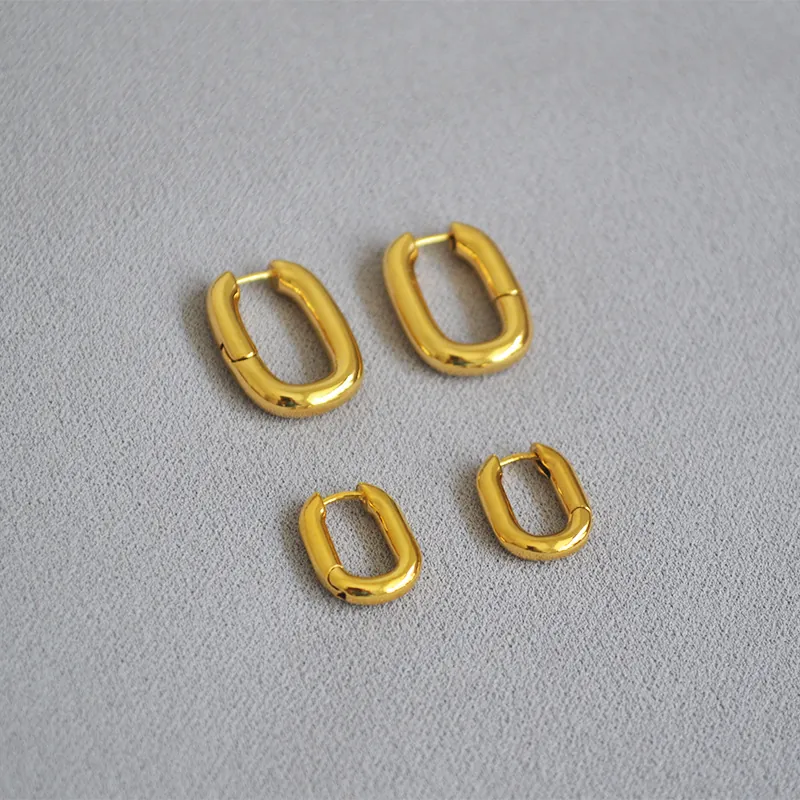 Boucles d'Oreilles Créoles en Laiton Plaqué Or en Forme de U Style Français Minimaliste Géométrique Ovale Pour Femme