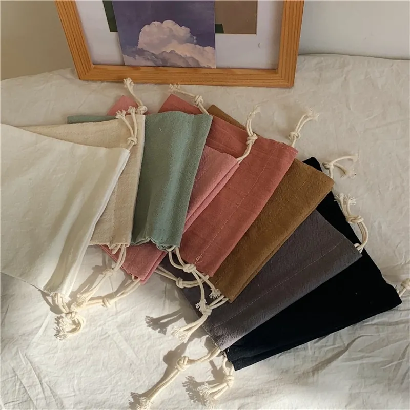Mini Drawstring Pouch Bag Canvas Linen Storage Organizer Jewelry Gift Solid Color Plain Simple Sweet Women Small Bag
