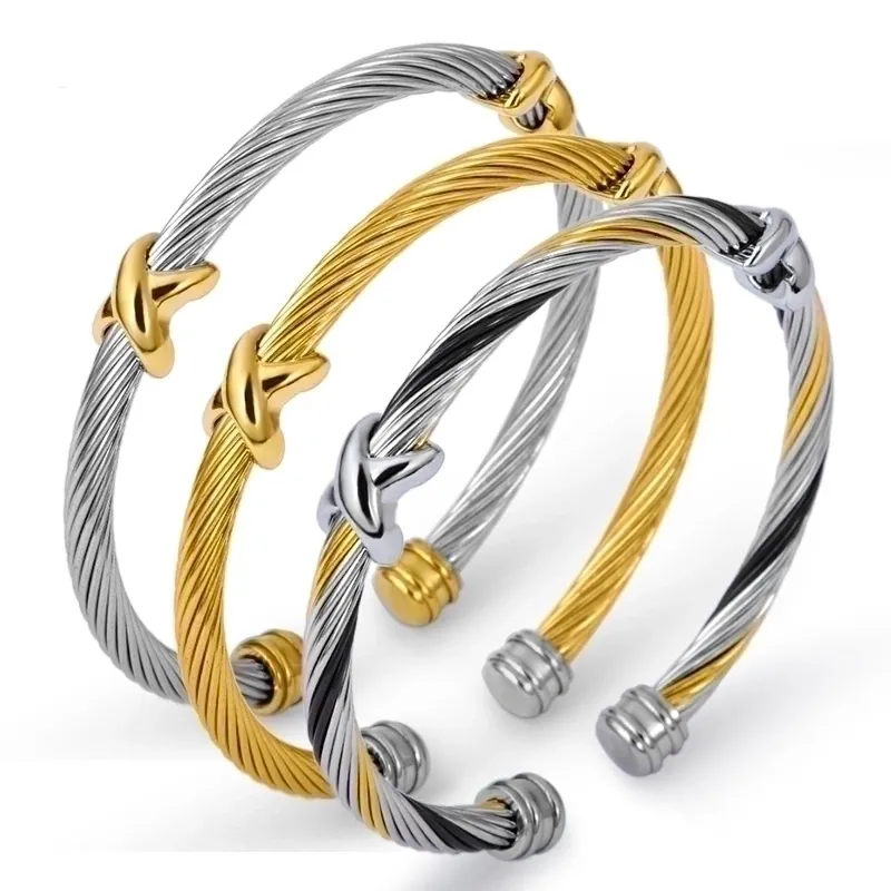 Stainless Steel Twisted Cable Open Cuff Bracelet With X Crossover Decor Geometric Fashion Adjustable Bangle
