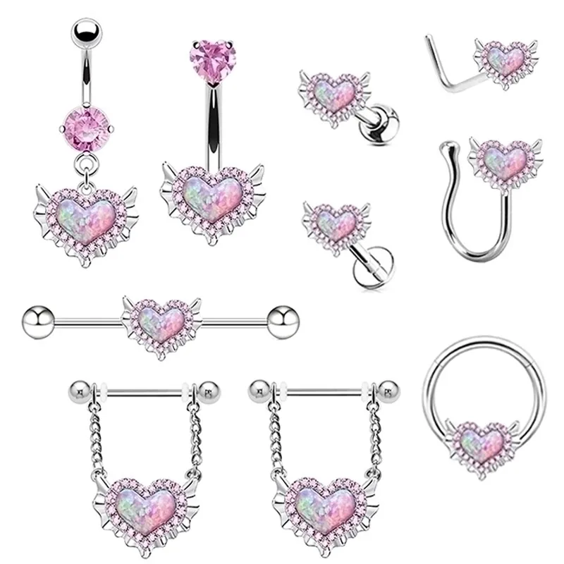Heart Pink Opal Body Piercing Jewelry Stainless Steel Belly Button Ring Nose Stud Nipple Ring Wing Rhinestone Women