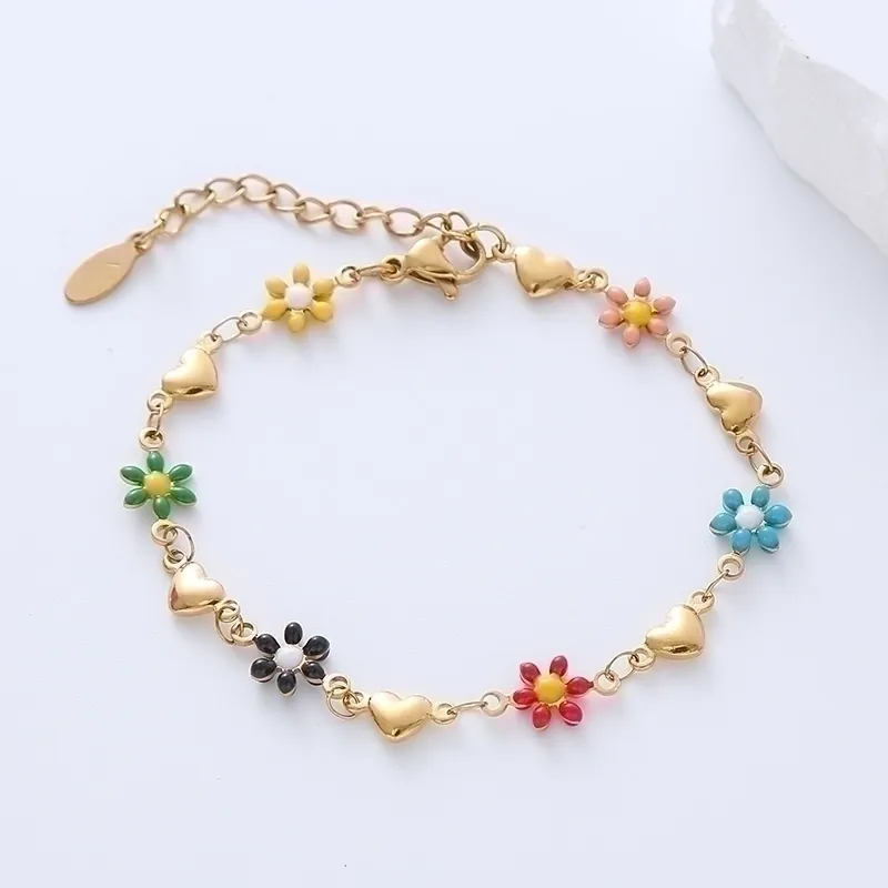 Dainty Stainless Steel 18K Gold Plated Enamel Daisy Flower Heart Link Bracelet For Women Elegant Adjustable Jewelry Gift
