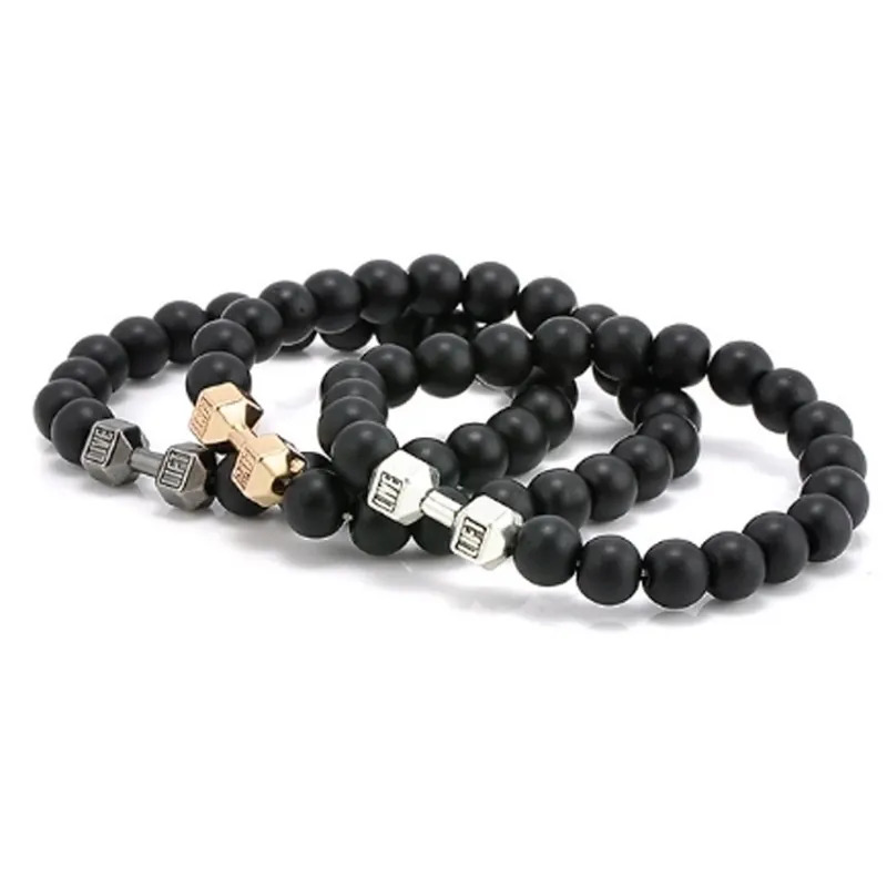 Lava Stone Beaded Bracelet With Alloy Dumbbell Charm Engraved Live Lift Fitness Motivational Sporty Jewelry For Men Women