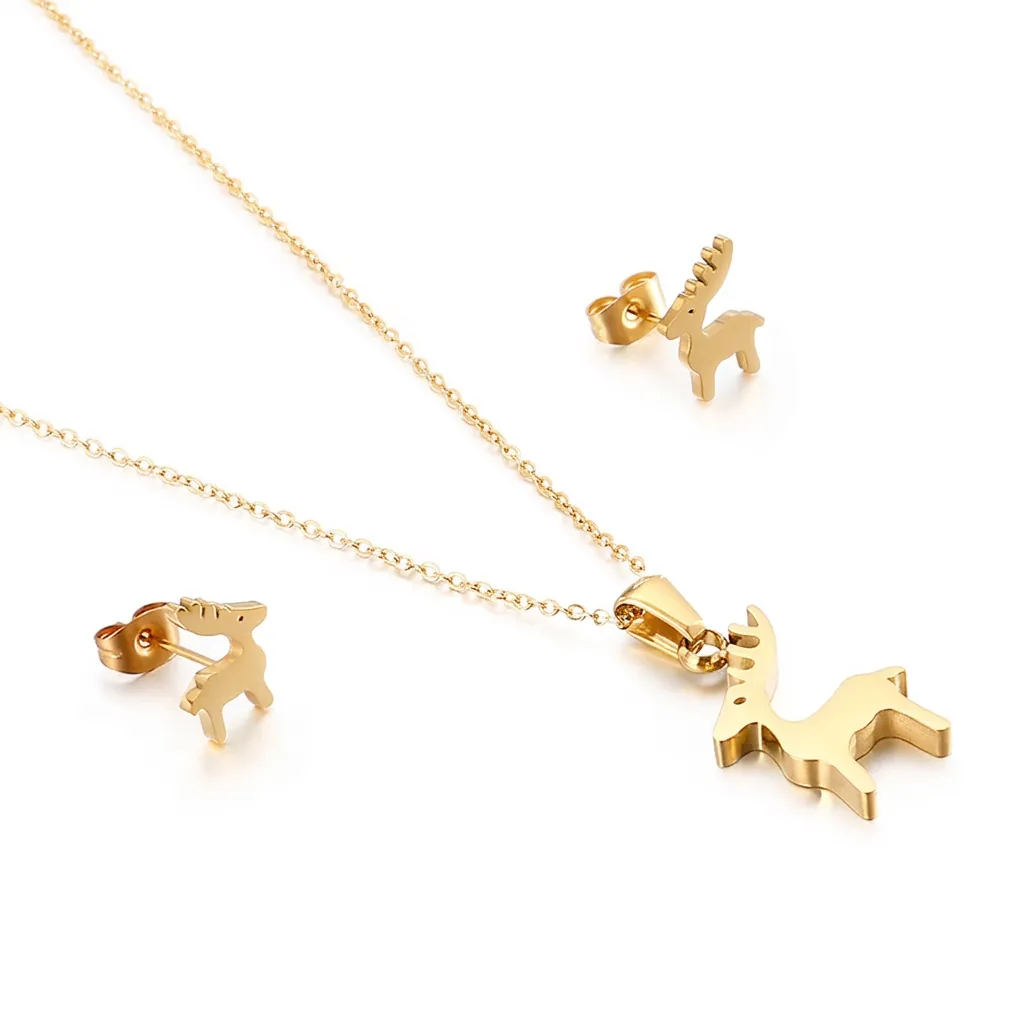 Collana E Orecchini A Lobo Piccolo Cervo Acciaio Inossidabile Gioielli Ciondolo Animale Moda Semplice Elegante Donna Oro