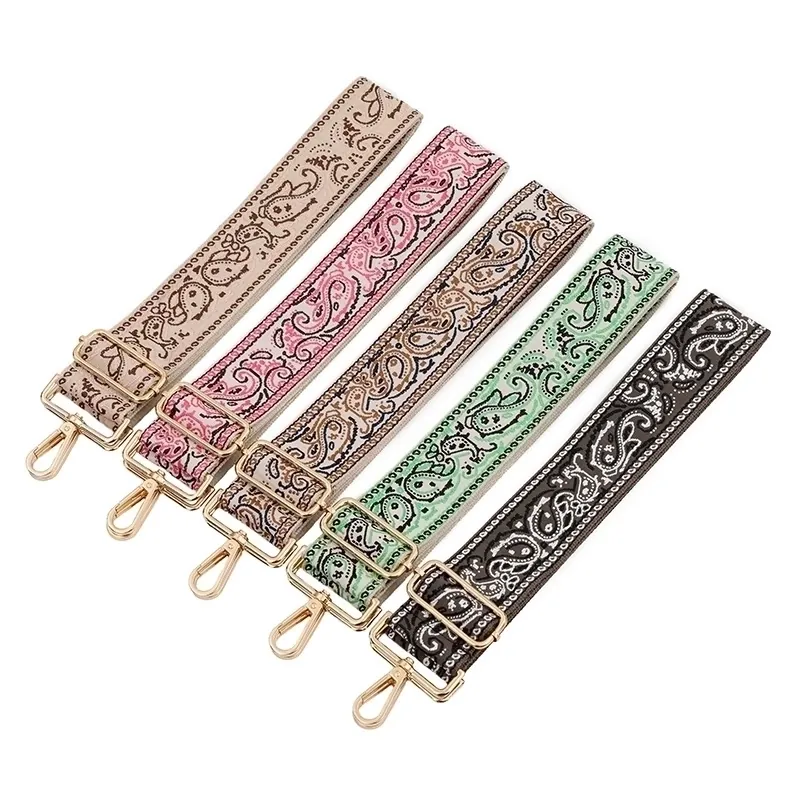 Wide Adjustable Bag Strap Replacement Paisley Ethnic Style Jacquard Polyester Shoulder Crossbody Belt With Metal Buckles
