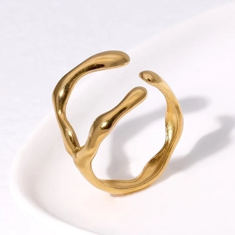Irregular Stainless Steel Open Ring For Women Minimalist Liquid Metal Lava Geometric Adjustable Jewelry Ins Style