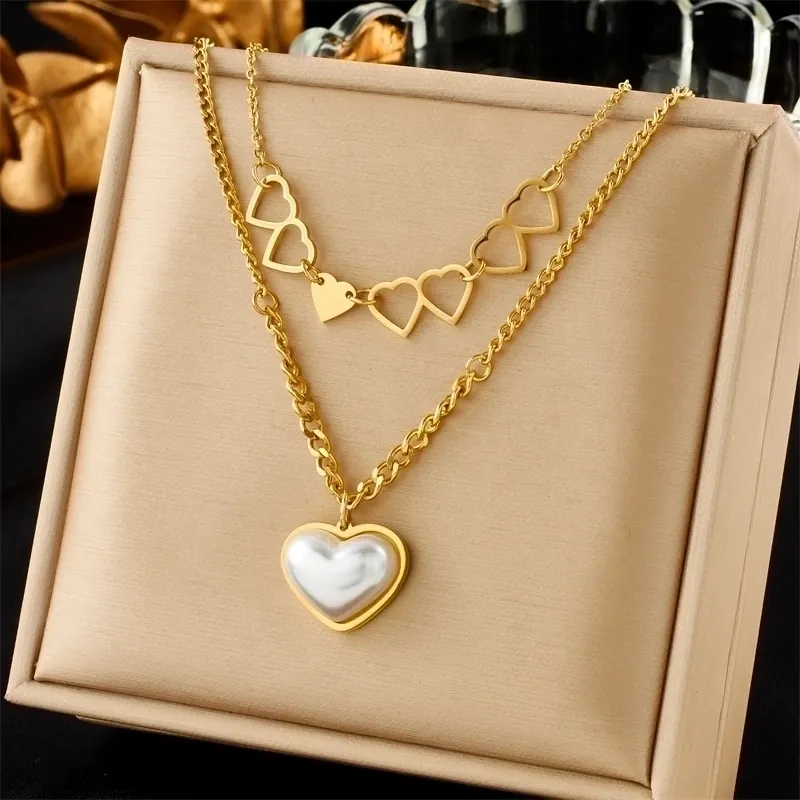 Double Layer Necklace Titanium Steel Hollow Heart And Artificial Pearl Pendant Fashion Jewelry Elegant Choker For Women