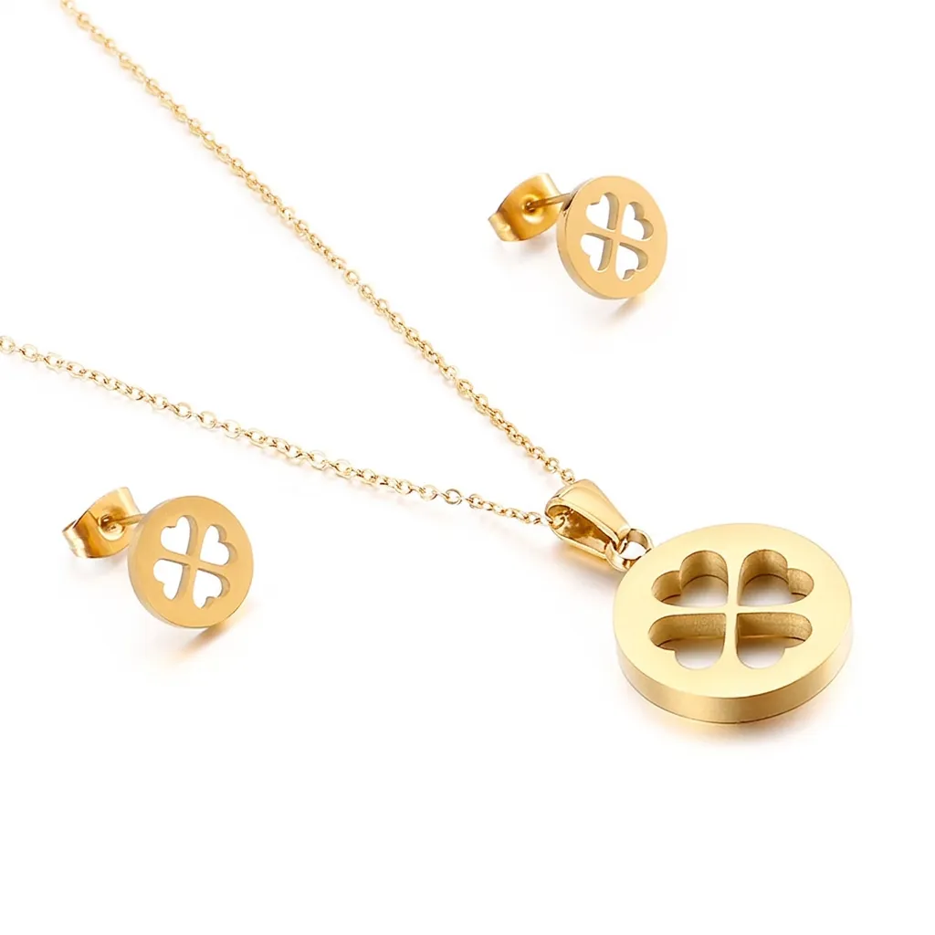 Collier Et Boucles D Oreilles Trèfle Creux En Acier Inoxydable Pendentif Rond Bijoux De Mode Élégants Pour Femmes