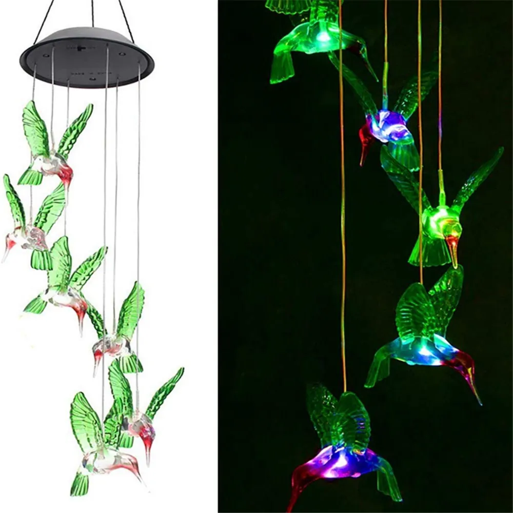 Solar Wind Chime Lights Color Changing LED Hummingbird Butterfly Hanging Outdoor Garden Patio Decoration Waterproof
