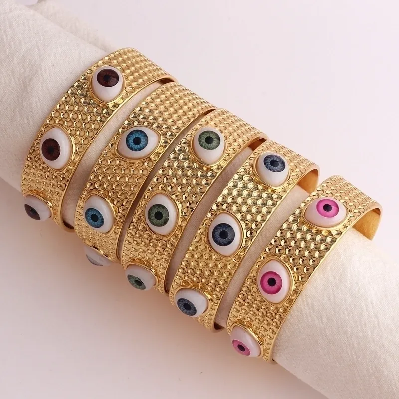 Bracelet Jonc Ouvert Mauvais Oeil Laiton Plaqué Or Résine Porte-Bonheur Style Bohème Rétro Bijou Mode Ajustable
