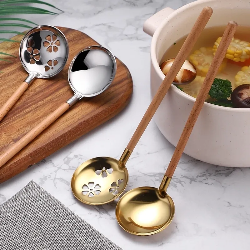 Japanese Style 304 Stainless Steel Soup Spoon With Beech Wood Handle Slotted Colander Mirror Polished Kitchen Tableware