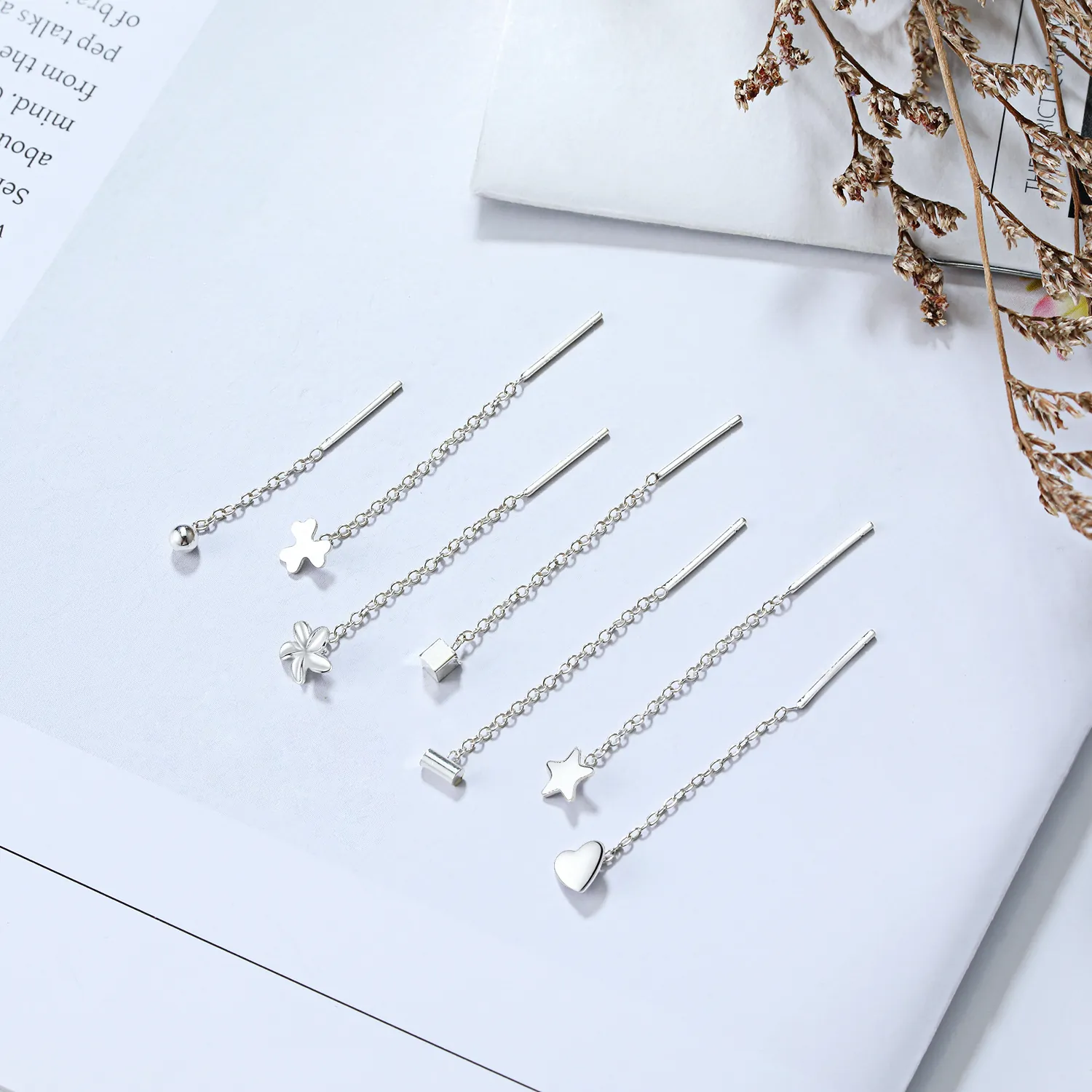 925 Sterling Silver Threader Earrings Geometric Clover Heart Star Tassel Long Chain Minimalist Elegant Jewelry For Women