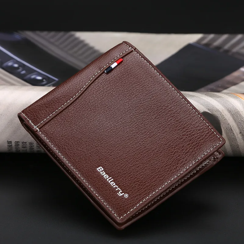 Men Short Bifold Wallet PU Leather Lychee Texture Slim Business Casual Style With Multiple Card Slots And ID Window