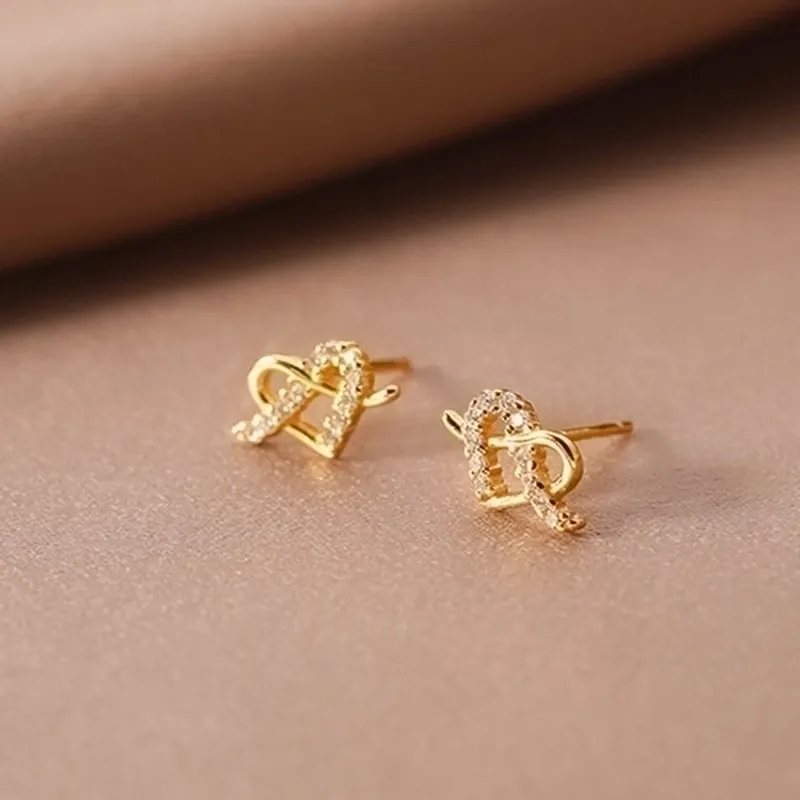 Intertwining Heart Stud Earrings Cubic Zirconia With 925 Sterling Silver Earring Post French Elegant Niche Jewelry Gift