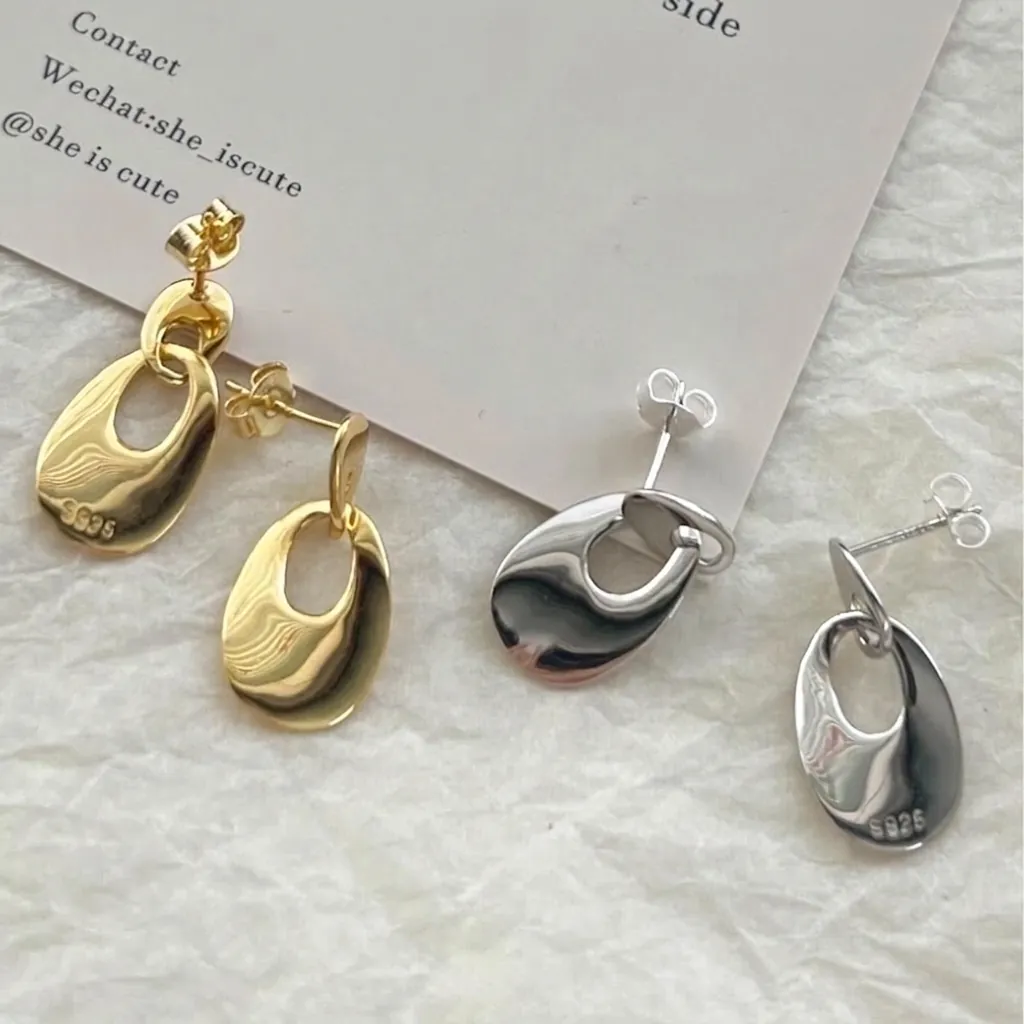 Minimalist 925 Sterling Silver Geometric Interlocking Stud Earrings For Women Twisted Sequin Liquid Metal Hollow Oval Earrings Jewelry