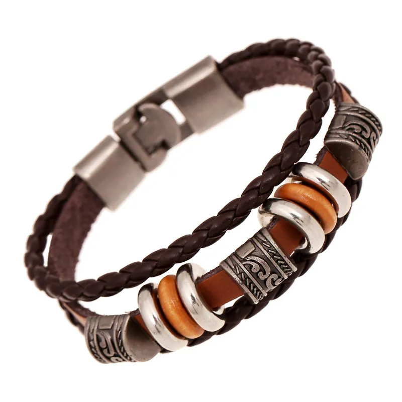 Multi Layered Hand Woven Cowhide Leather Bracelet With Wood Beads And Alloy Charms Retro Ethnic Style For Men