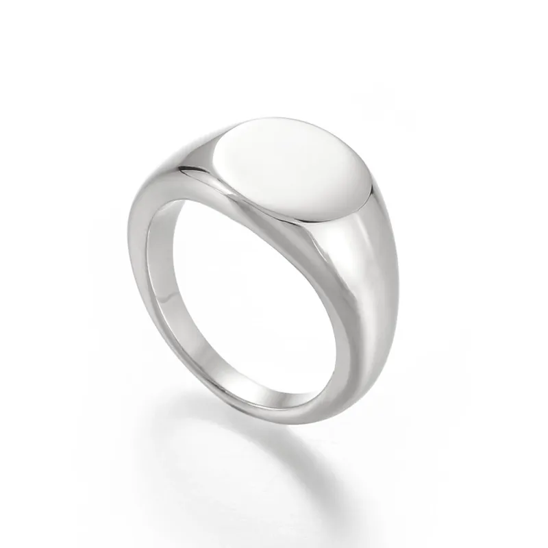 Signet Ring 316L Stainless Steel Polished 18K Gold Plated Minimalist Solid Round Face Unisex